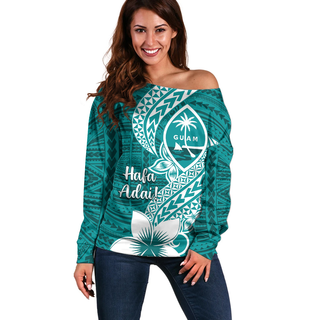 Hafa Adai Guam Off Shoulder Sweater Polynesian Floral Teal Pattern LT01 Women Teal - Polynesian Pride