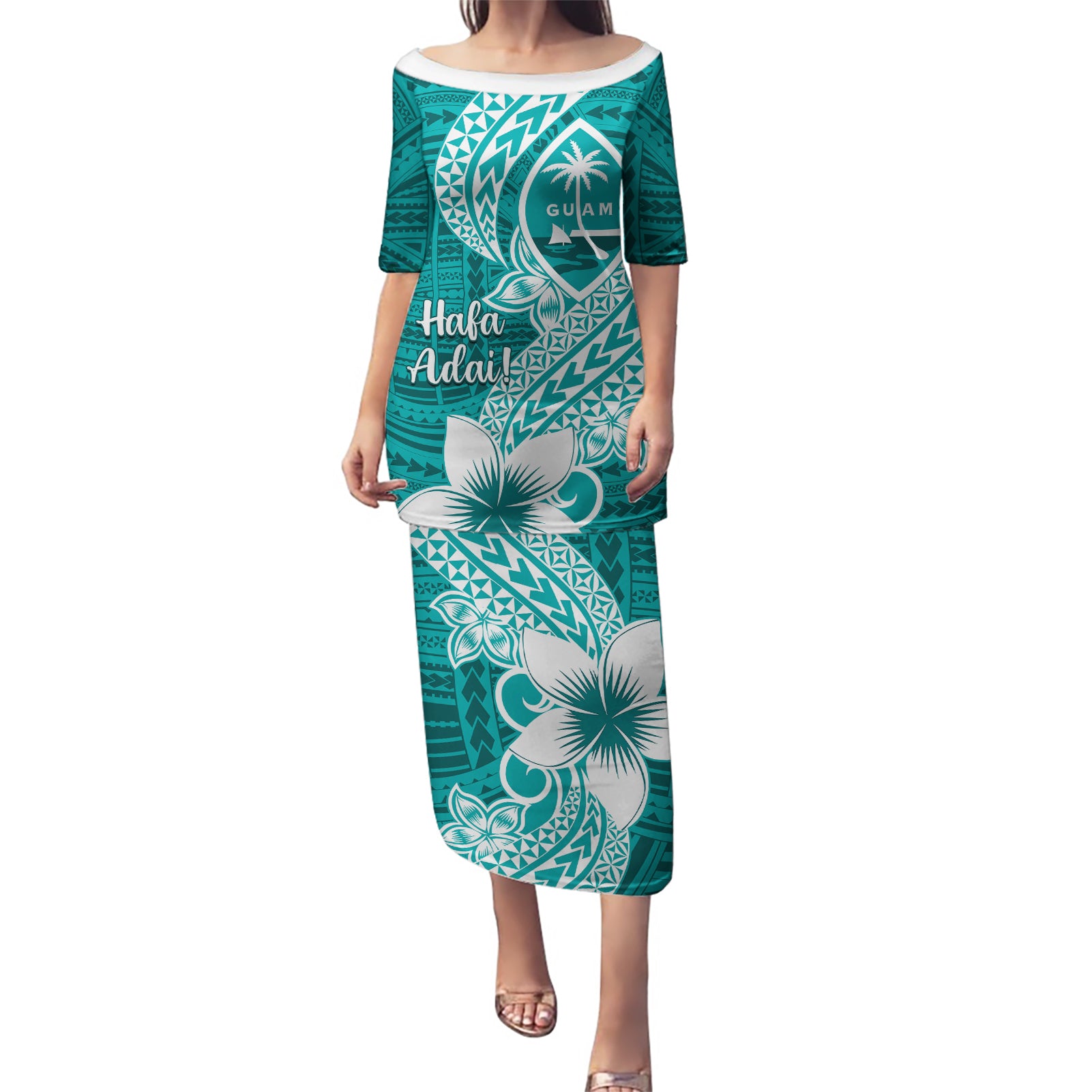 Hafa Adai Guam Puletasi Polynesian Floral Teal Pattern LT01 Long Dress Teal - Polynesian Pride