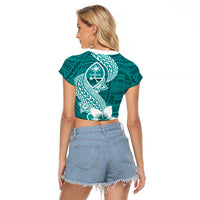 Hafa Adai Guam Raglan Cropped T Shirt Polynesian Floral Teal Pattern LT01 - Polynesian Pride