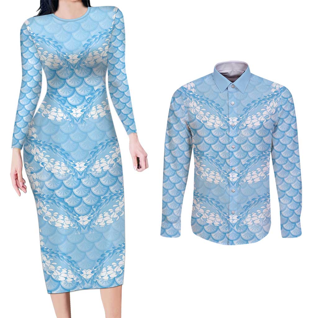 Baby Blue Mermaid Puakenikeni Maile Lei Couples Matching Long Sleeve Bodycon Dress and Long Sleeve Button Shirt