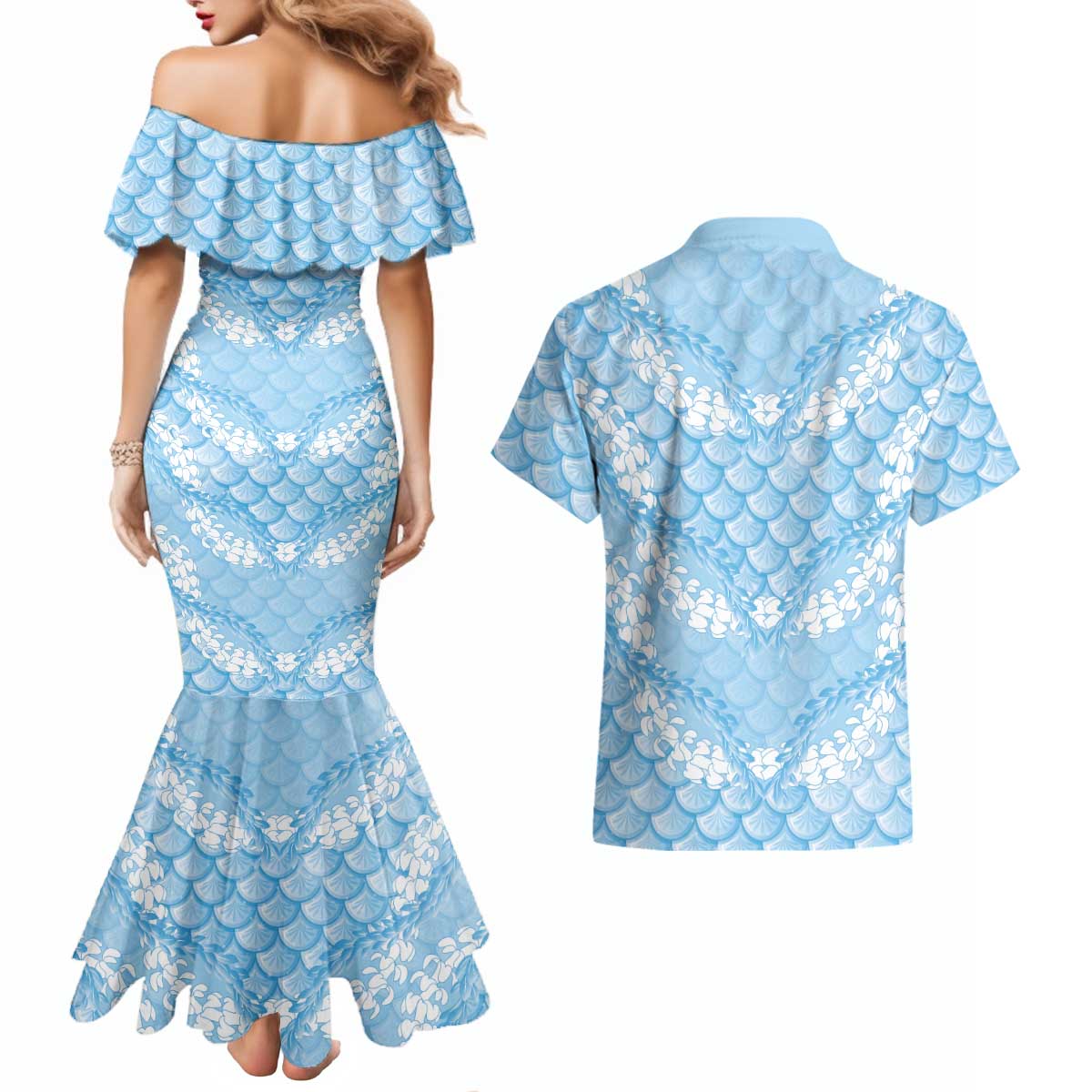 Baby Blue Mermaid Puakenikeni Maile Lei Couples Matching Mermaid Dress and Hawaiian Shirt