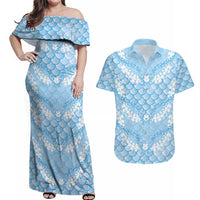 Baby Blue Mermaid Puakenikeni Maile Lei Couples Matching Off Shoulder Maxi Dress and Hawaiian Shirt