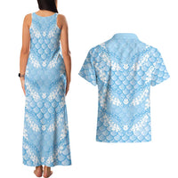 Baby Blue Mermaid Puakenikeni Maile Lei Couples Matching Tank Maxi Dress and Hawaiian Shirt