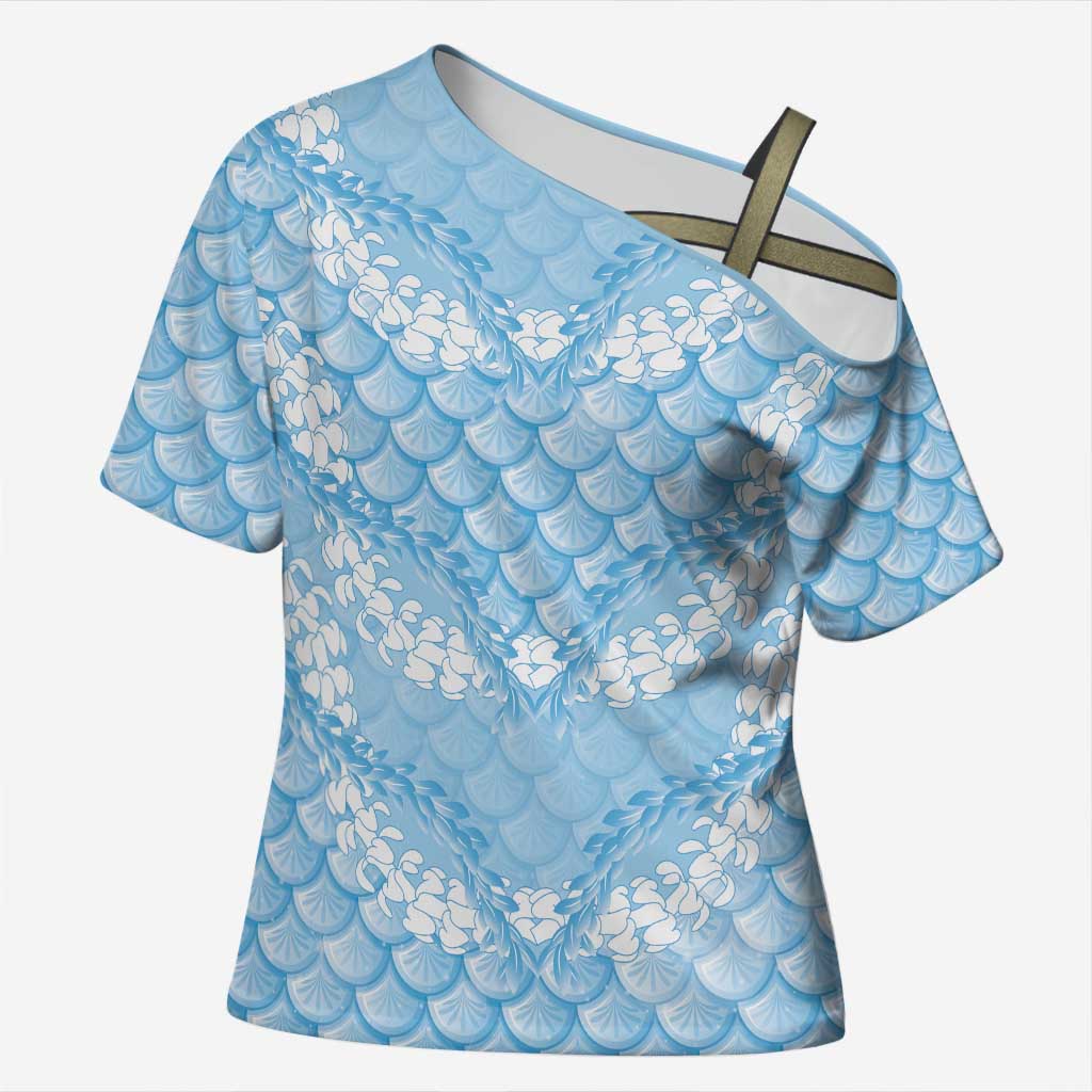 Baby Blue Mermaid Puakenikeni Maile Lei Cross Shoulder Shirt