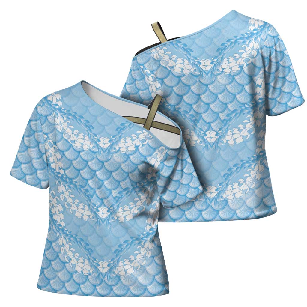 Baby Blue Mermaid Puakenikeni Maile Lei Cross Shoulder Shirt LT01 - Polynesian Pride