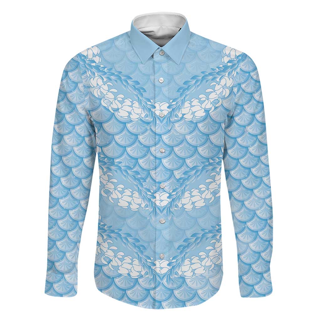 Baby Blue Mermaid Puakenikeni Maile Lei Family Matching Long Sleeve Bodycon Dress and Hawaiian Shirt