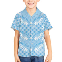Baby Blue Mermaid Puakenikeni Maile Lei Family Matching Off The Shoulder Long Sleeve Dress and Hawaiian Shirt