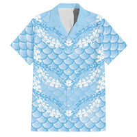 Baby Blue Mermaid Puakenikeni Maile Lei Family Matching Off Shoulder Short Dress and Hawaiian Shirt