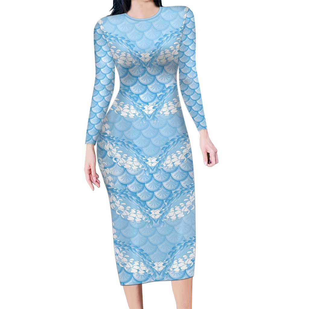 Baby Blue Mermaid Puakenikeni Maile Lei Long Sleeve Bodycon Dress