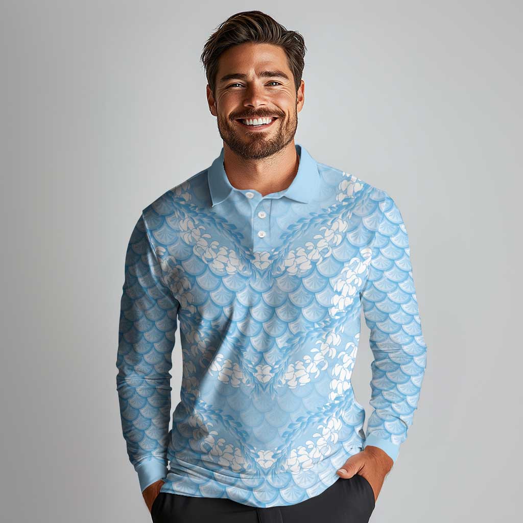 Baby Blue Mermaid Puakenikeni Maile Lei Long Sleeve Polo Shirt LT01 - Polynesian Pride