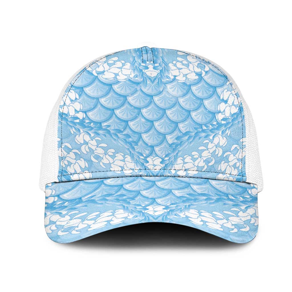 Baby Blue Mermaid Puakenikeni Maile Lei Mesh Trucker Cap LT01 One Size White Blue - Polynesian Pride