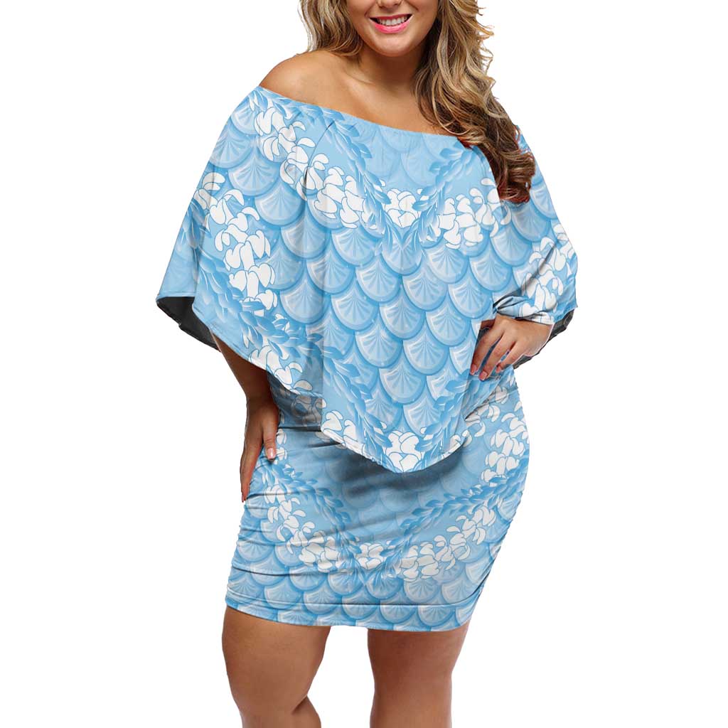 Baby Blue Mermaid Puakenikeni Maile Lei Off Shoulder Short Dress LT01 Women Blue - Polynesian Pride