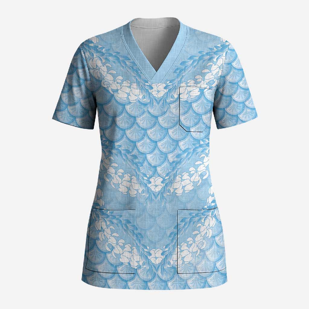 Baby Blue Mermaid Puakenikeni Maile Lei Scrub Top LT01 Adult Blue - Polynesian Pride