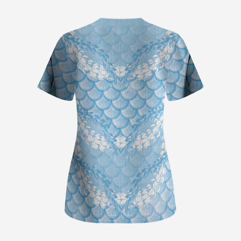 Baby Blue Mermaid Puakenikeni Maile Lei Scrub Top LT01 - Polynesian Pride