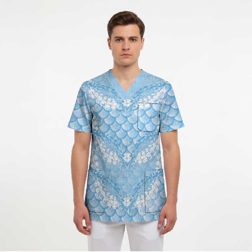 Baby Blue Mermaid Puakenikeni Maile Lei Scrub Top LT01 - Polynesian Pride