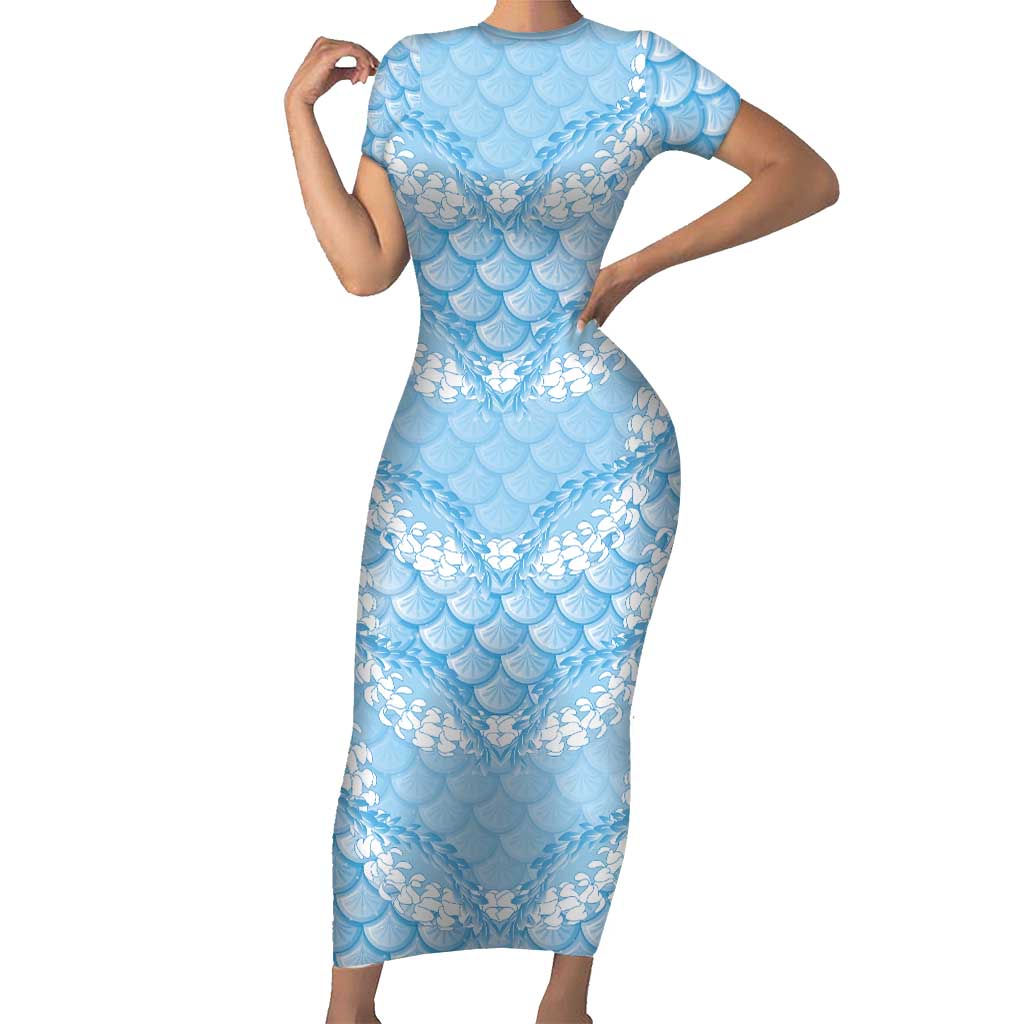 Baby Blue Mermaid Puakenikeni Maile Lei Short Sleeve Bodycon Dress