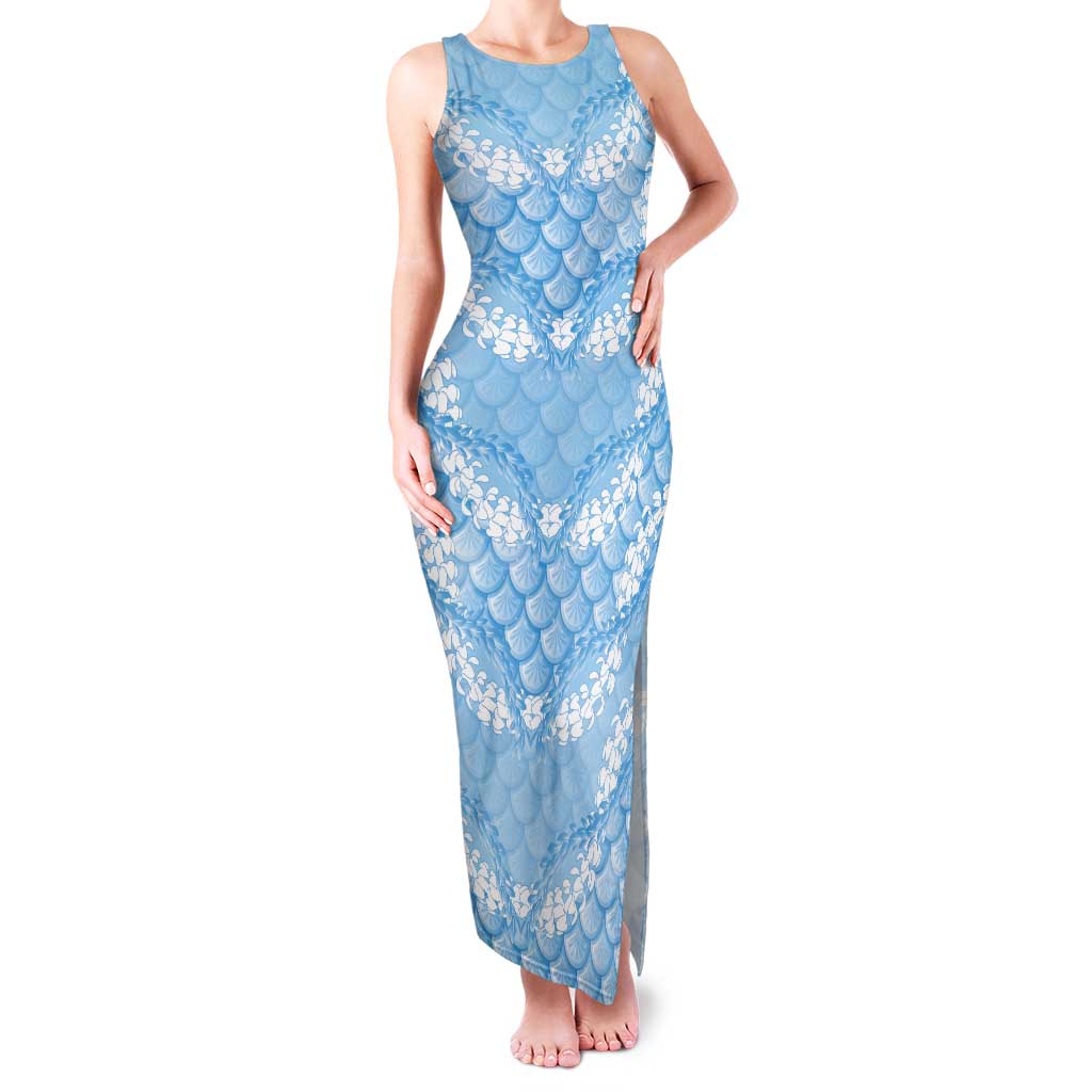 Baby Blue Mermaid Puakenikeni Maile Lei Tank Maxi Dress LT01 Women Blue - Polynesian Pride