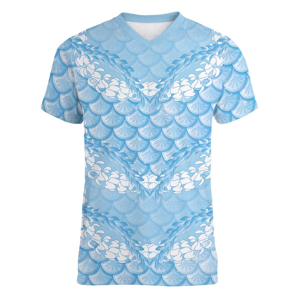 Baby Blue Mermaid Puakenikeni Maile Lei Women V-Neck T-Shirt
