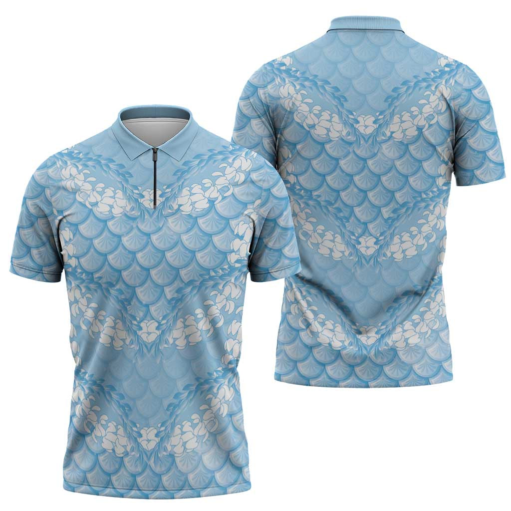 Baby Blue Mermaid Puakenikeni Maile Lei Zipper Polo Shirt