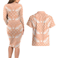 Apricot Mermaid Puakenikeni Maile Lei Couples Matching Long Sleeve Bodycon Dress and Hawaiian Shirt