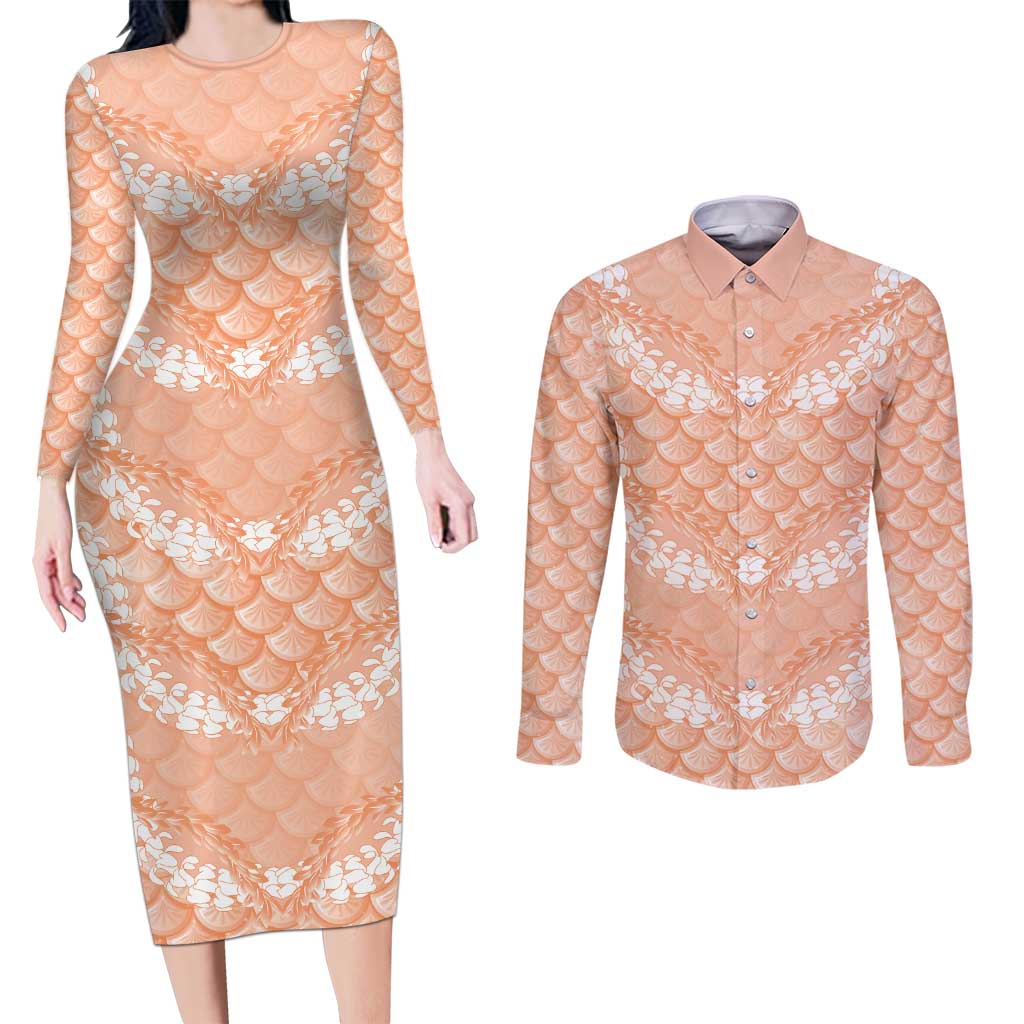Apricot Mermaid Puakenikeni Maile Lei Couples Matching Long Sleeve Bodycon Dress and Long Sleeve Button Shirt