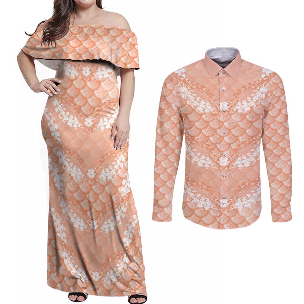 Apricot Mermaid Puakenikeni Maile Lei Couples Matching Off Shoulder Maxi Dress and Long Sleeve Button Shirt