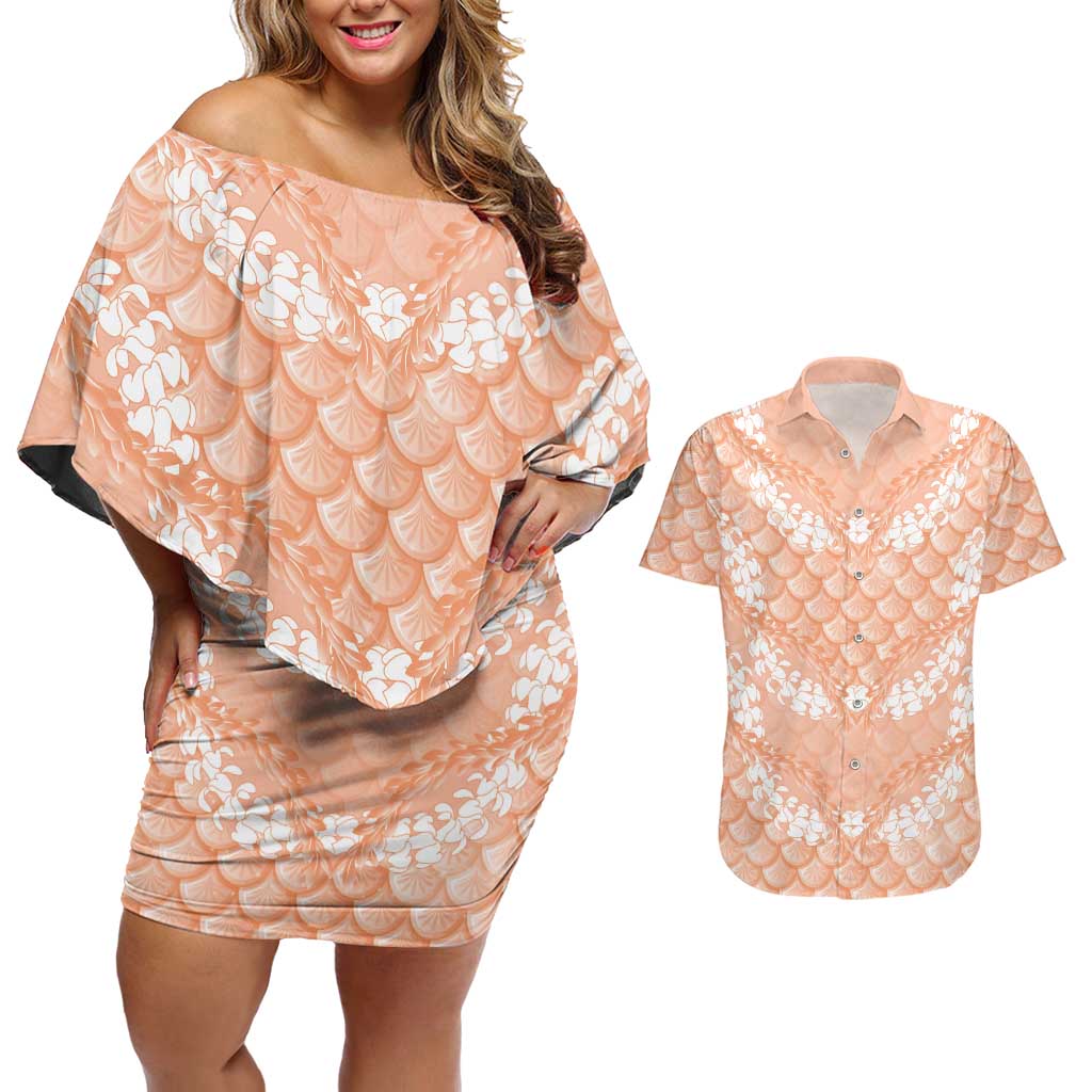 Apricot Mermaid Puakenikeni Maile Lei Couples Matching Off Shoulder Short Dress and Hawaiian Shirt