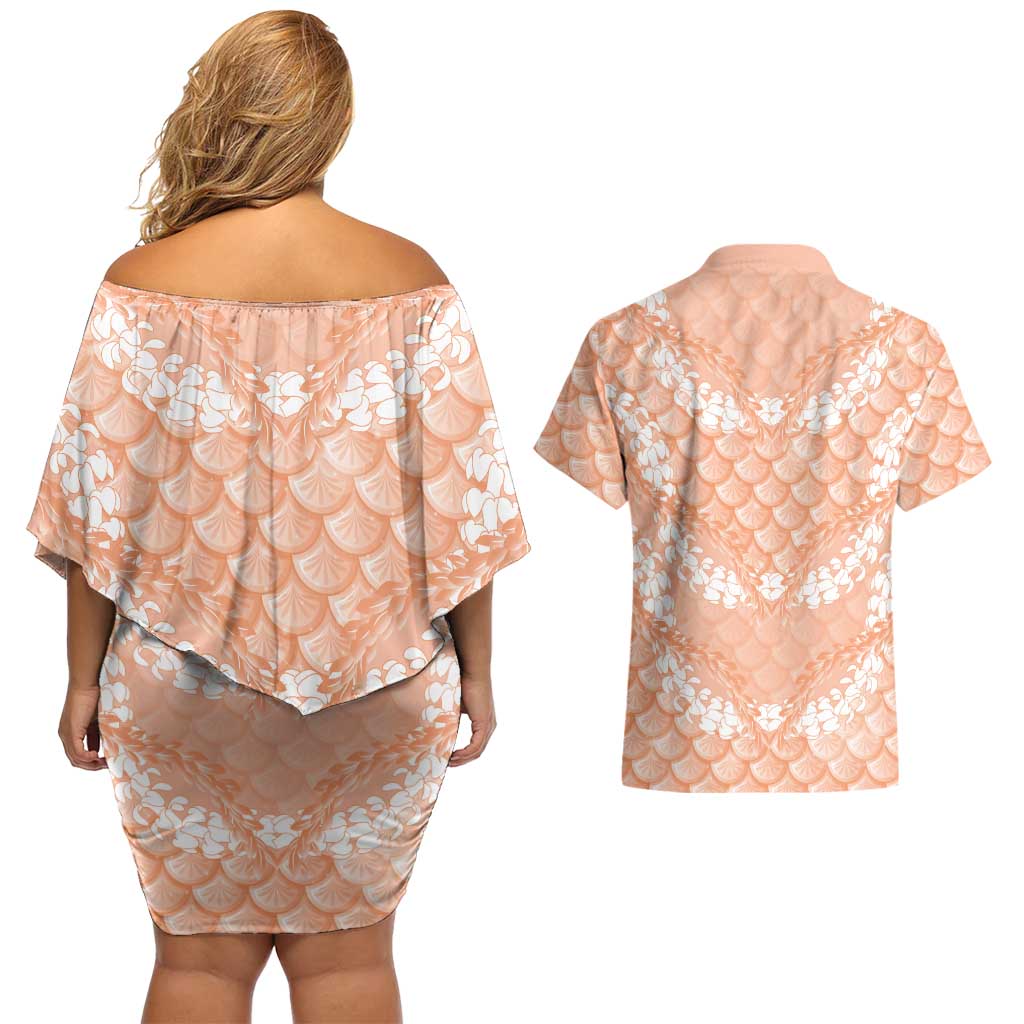 Apricot Mermaid Puakenikeni Maile Lei Couples Matching Off Shoulder Short Dress and Hawaiian Shirt