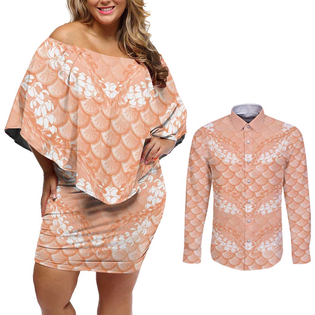 Apricot Mermaid Puakenikeni Maile Lei Couples Matching Off Shoulder Short Dress and Long Sleeve Button Shirt