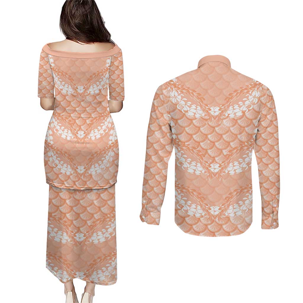 Apricot Mermaid Puakenikeni Maile Lei Couples Matching Puletasi and Long Sleeve Button Shirt LT01 - Polynesian Pride