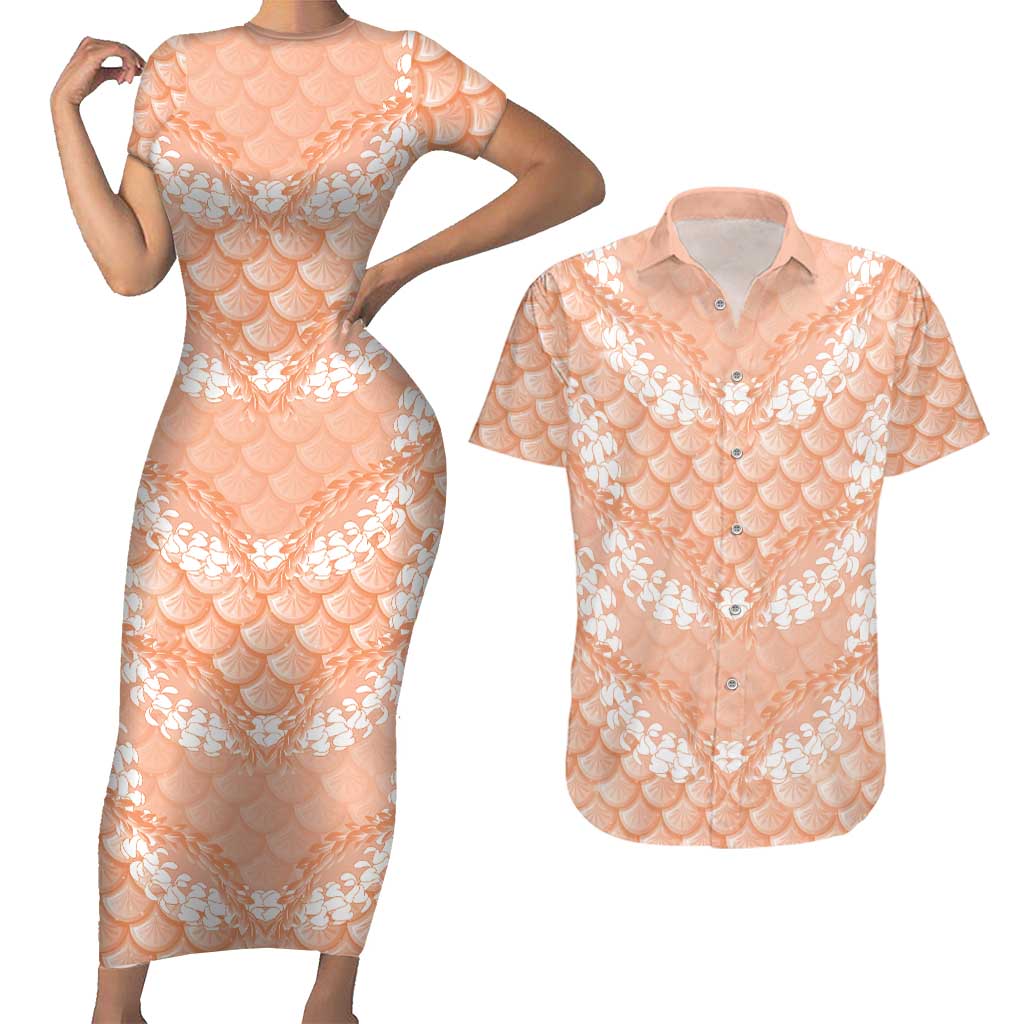 Apricot Mermaid Puakenikeni Maile Lei Couples Matching Short Sleeve Bodycon Dress and Hawaiian Shirt