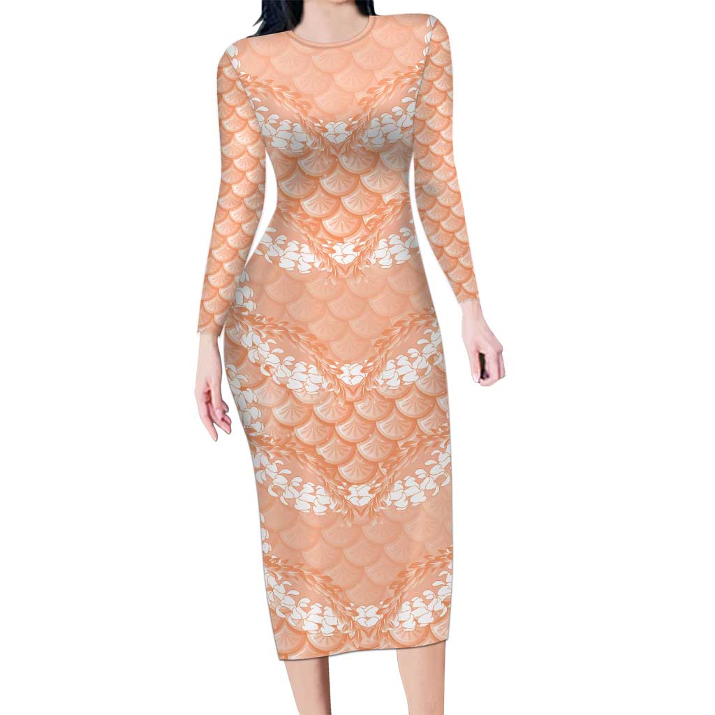 Apricot Mermaid Puakenikeni Maile Lei Family Matching Long Sleeve Bodycon Dress and Hawaiian Shirt
