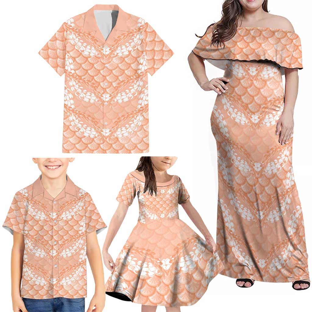 Apricot Mermaid Puakenikeni Maile Lei Family Matching Off Shoulder Maxi Dress and Hawaiian Shirt