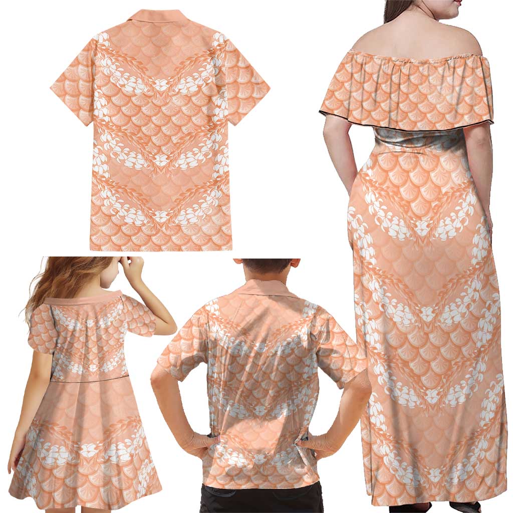 Apricot Mermaid Puakenikeni Maile Lei Family Matching Off Shoulder Maxi Dress and Hawaiian Shirt