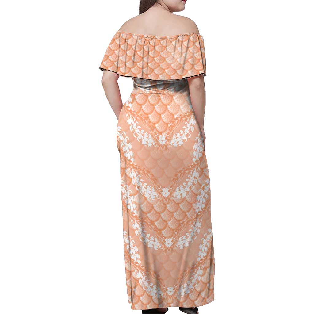Apricot Mermaid Puakenikeni Maile Lei Family Matching Off Shoulder Maxi Dress and Hawaiian Shirt