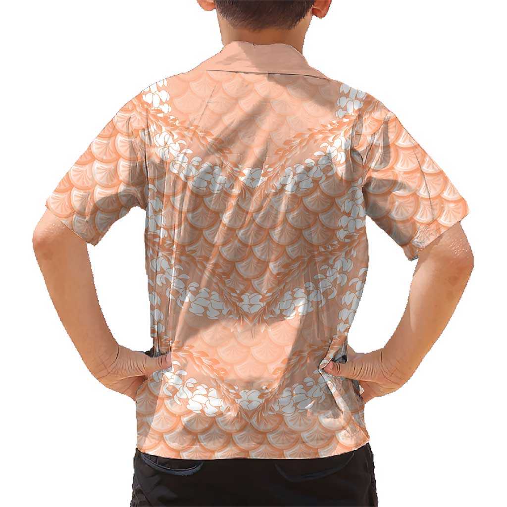 Apricot Mermaid Puakenikeni Maile Lei Family Matching Off Shoulder Short Dress and Hawaiian Shirt