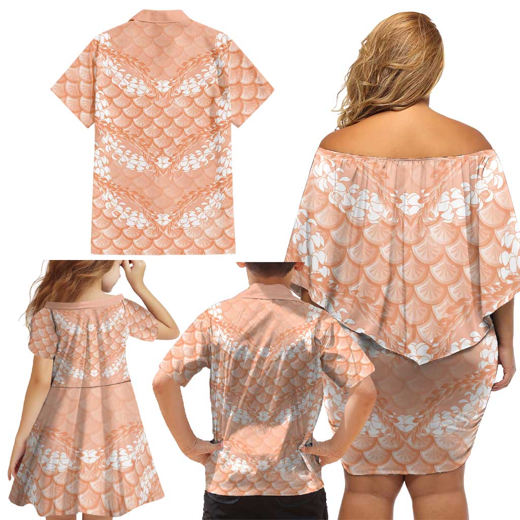 Apricot Mermaid Puakenikeni Maile Lei Family Matching Off Shoulder Short Dress and Hawaiian Shirt