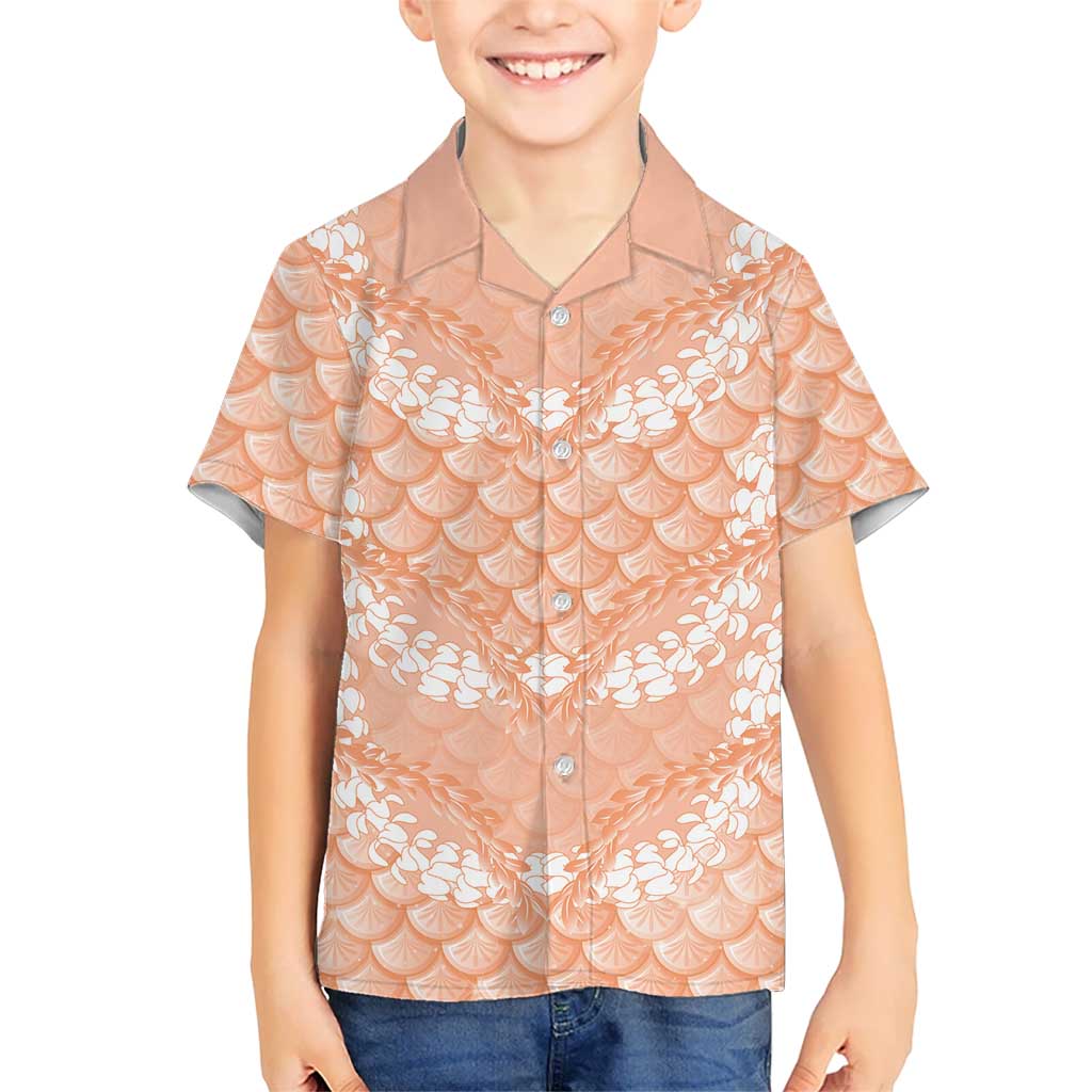 Apricot Mermaid Puakenikeni Maile Lei Family Matching Off Shoulder Short Dress and Hawaiian Shirt