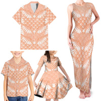 Apricot Mermaid Puakenikeni Maile Lei Family Matching Tank Maxi Dress and Hawaiian Shirt