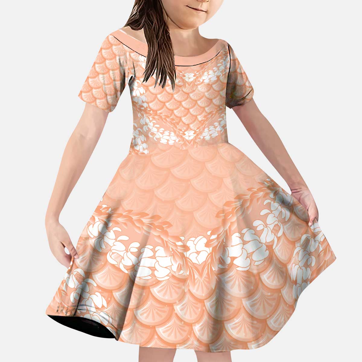 Apricot Mermaid Puakenikeni Maile Lei Kid Short Sleeve Dress LT01 KID Apricot - Polynesian Pride