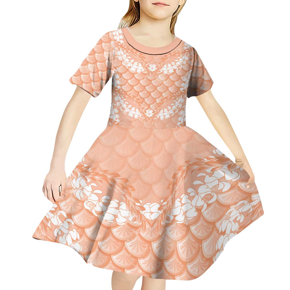 Apricot Mermaid Puakenikeni Maile Lei Kid Short Sleeve Dress LT01 - Polynesian Pride