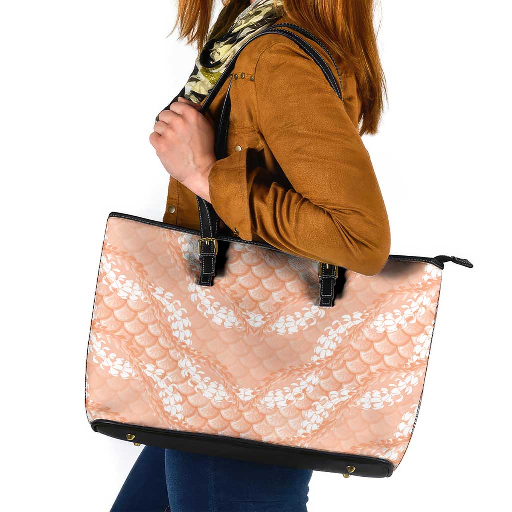 Apricot Mermaid Puakenikeni Maile Lei Leather Tote Bag LT01 Apricot - Polynesian Pride