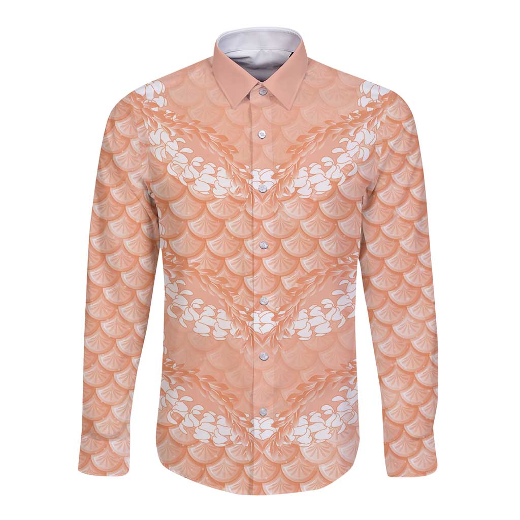 Apricot Mermaid Puakenikeni Maile Lei Long Sleeve Button Shirt LT01 Unisex Apricot - Polynesian Pride