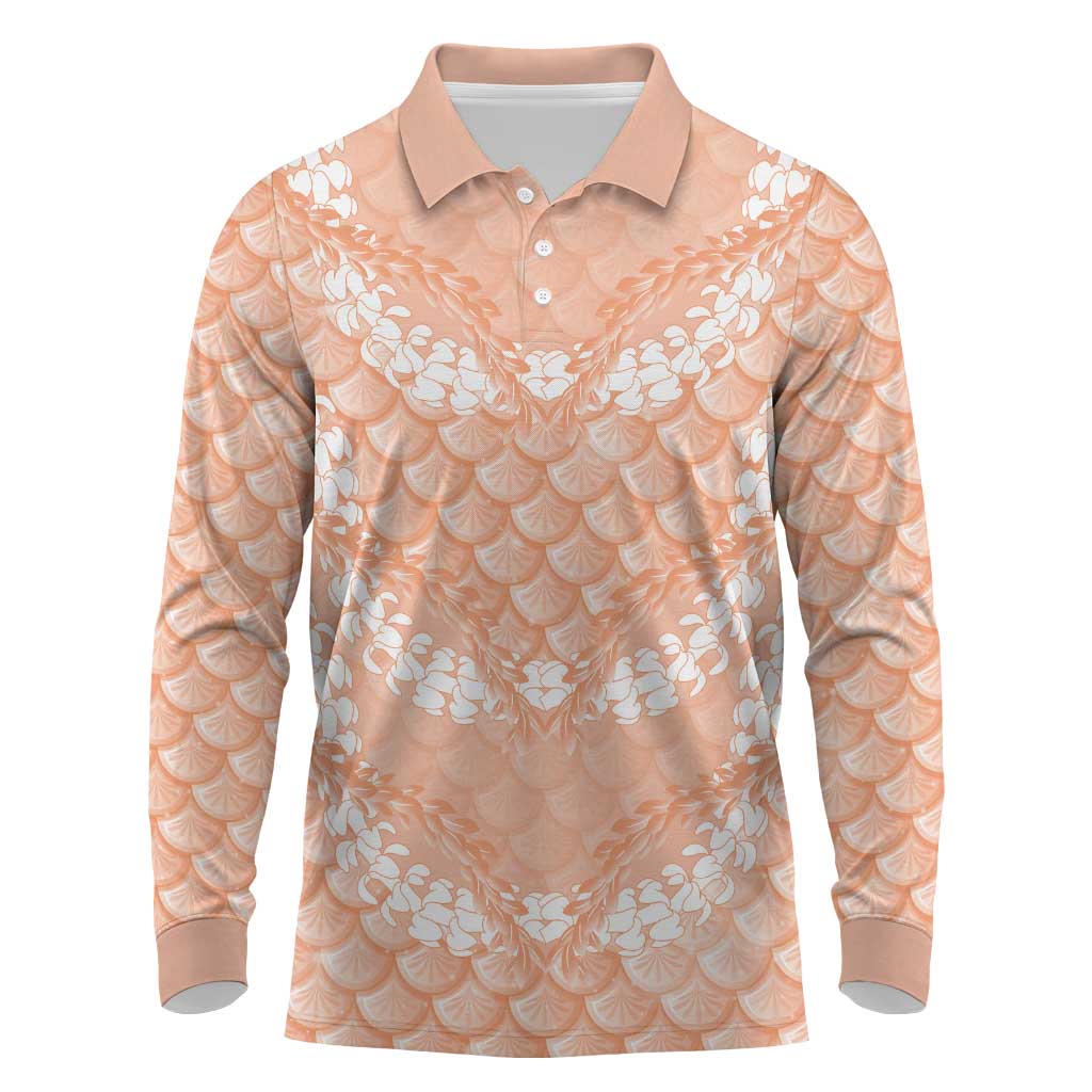 Apricot Mermaid Puakenikeni Maile Lei Long Sleeve Polo Shirt LT01 Apricot - Polynesian Pride