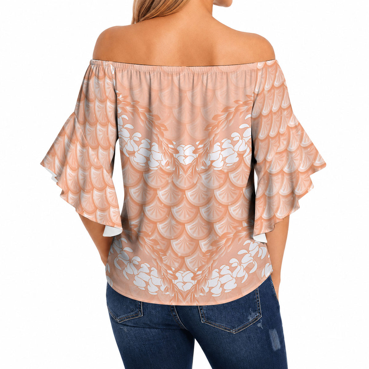 Apricot Mermaid Puakenikeni Maile Lei Off Shoulder Wrap Waist Top LT01 - Polynesian Pride