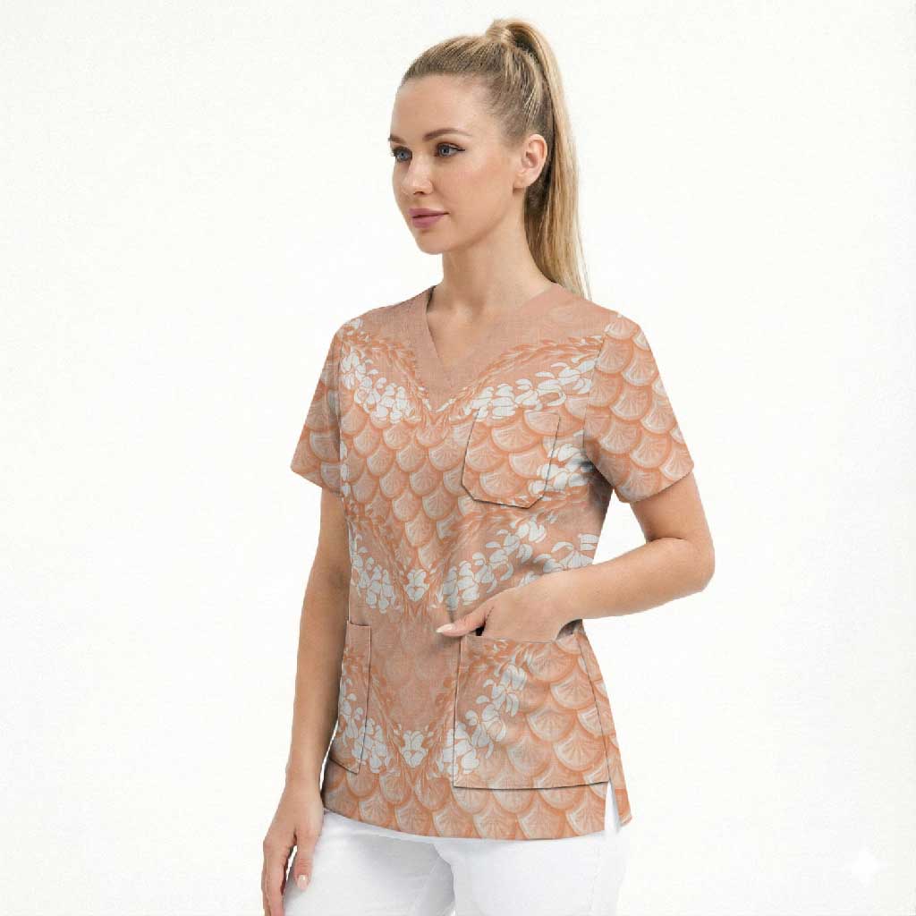 Apricot Mermaid Puakenikeni Maile Lei Scrub Top LT01 - Polynesian Pride