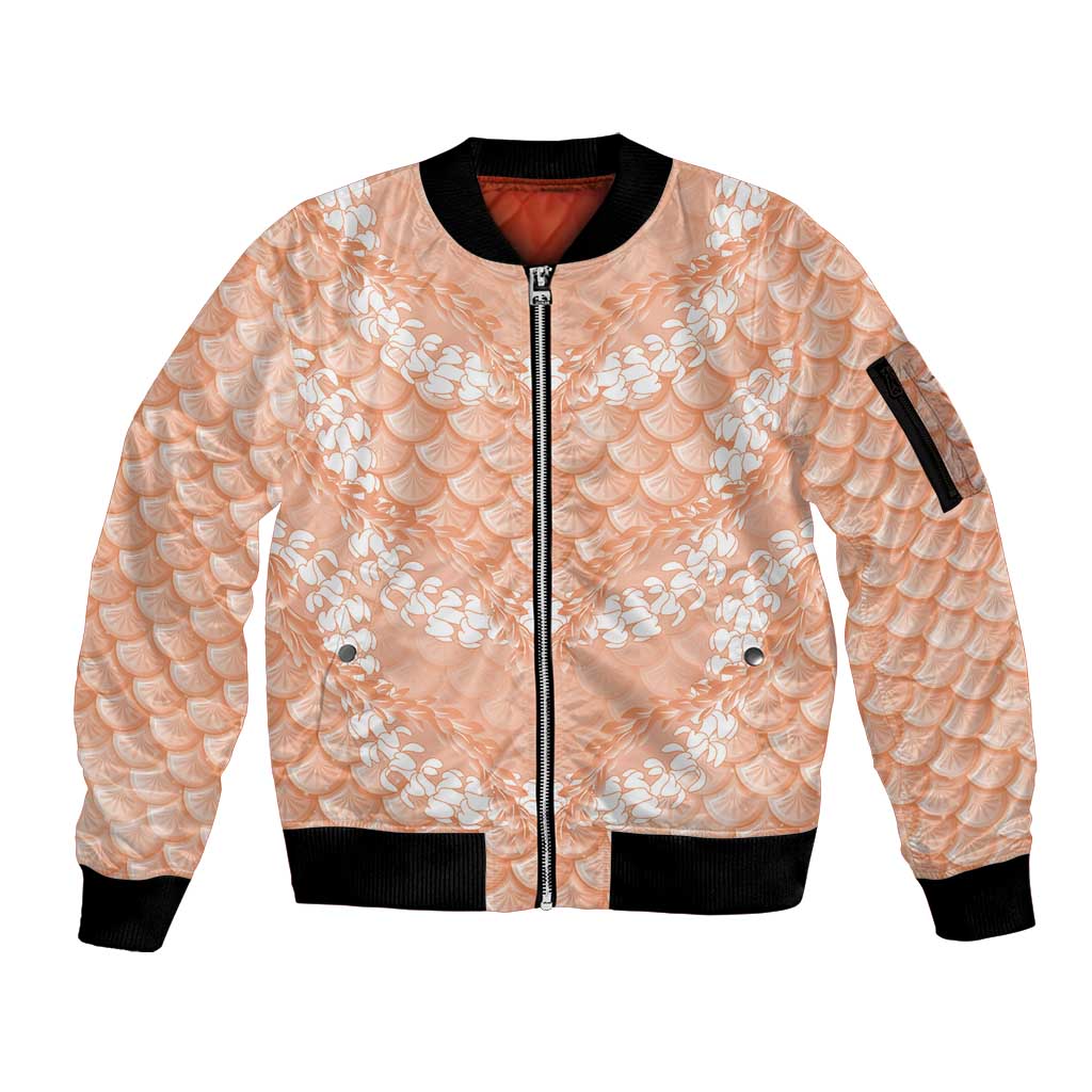 Apricot Mermaid Puakenikeni Maile Lei Sleeve Zip Bomber Jacket LT01 Unisex Apricot - Polynesian Pride