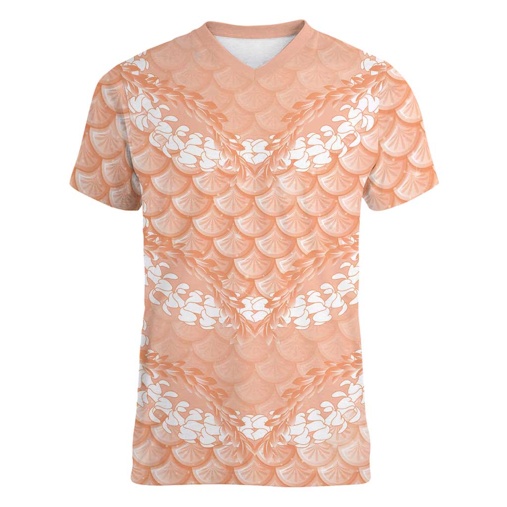 Apricot Mermaid Puakenikeni Maile Lei Women V-Neck T-Shirt LT01 Female Apricot - Polynesian Pride