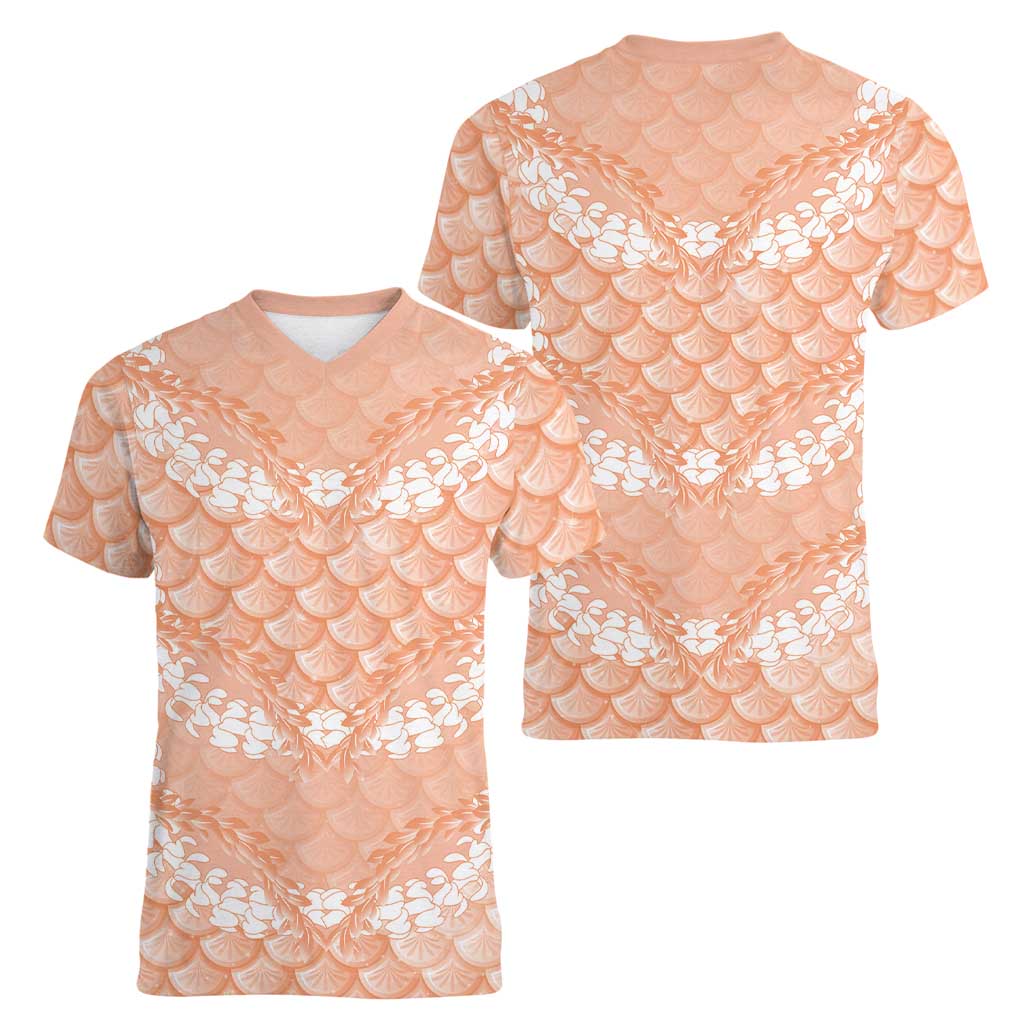 Apricot Mermaid Puakenikeni Maile Lei Women V-Neck T-Shirt LT01 - Polynesian Pride