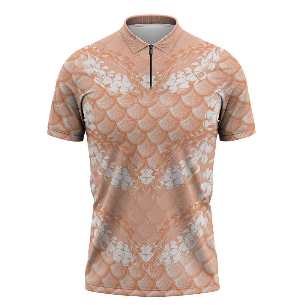 Apricot Mermaid Puakenikeni Maile Lei Zipper Polo Shirt LT01 Apricot - Polynesian Pride
